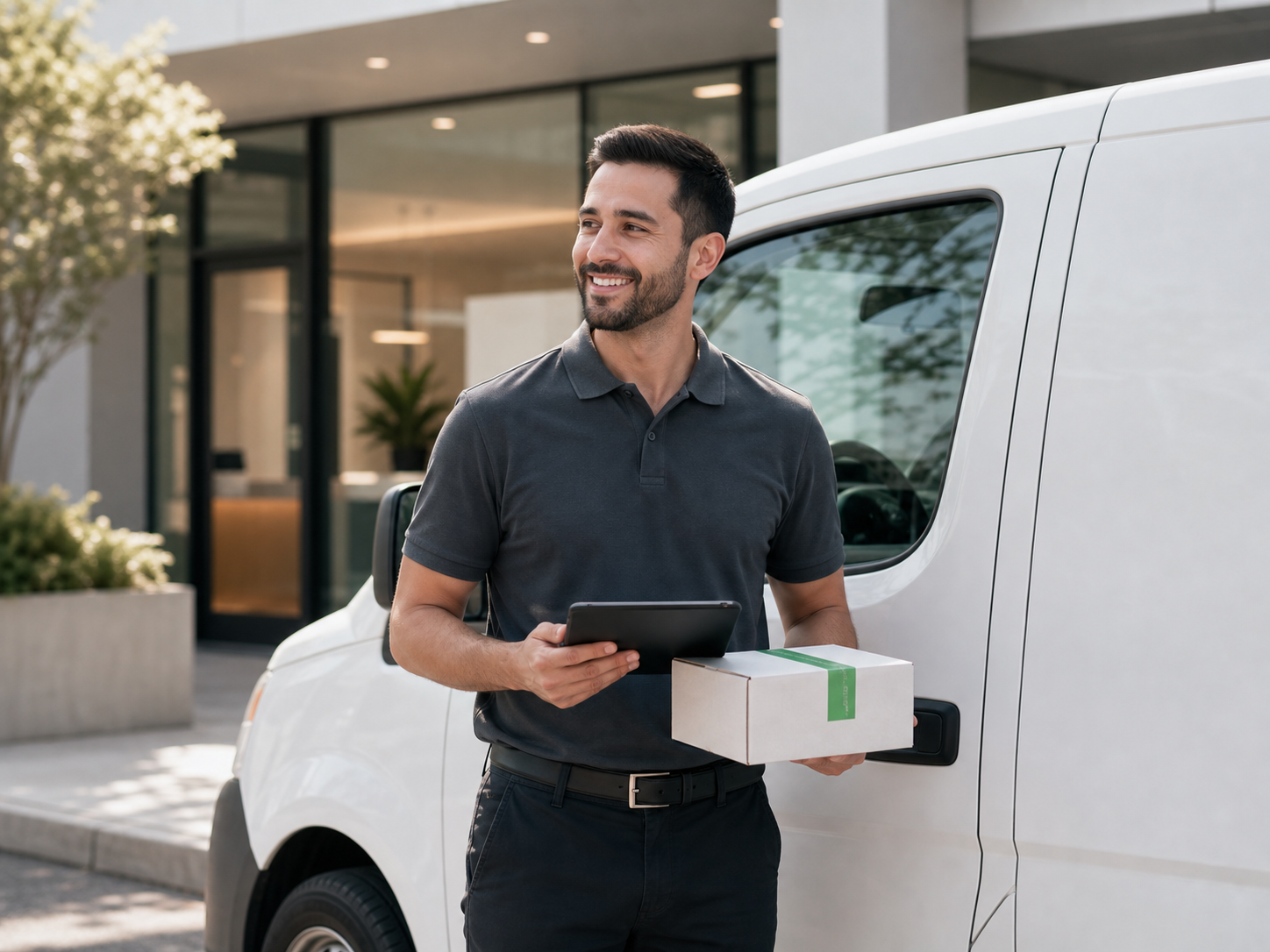 Local pickup driver holding a dental case package outside an office