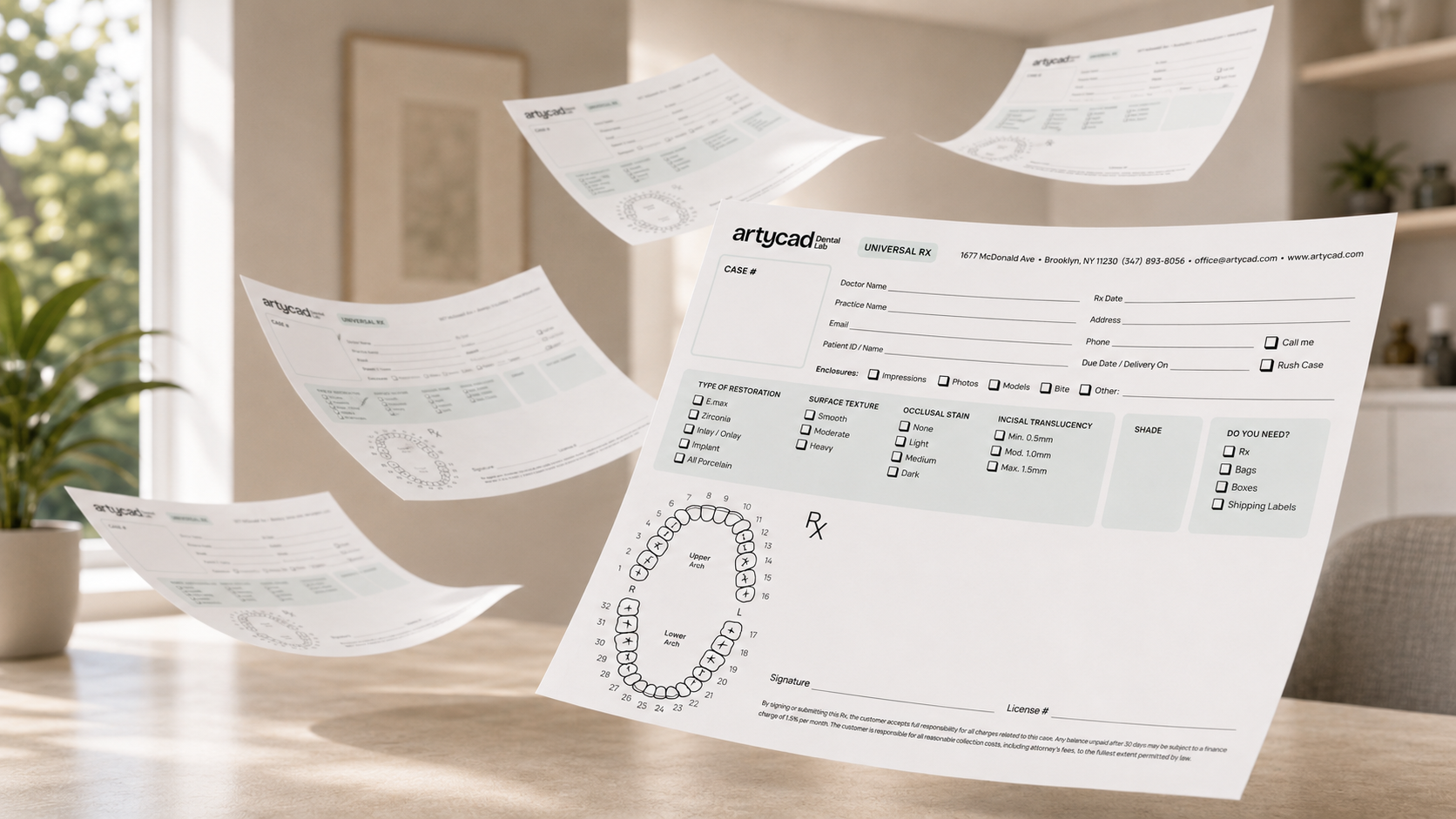 ArtyCad RX sheets floating in a dental office