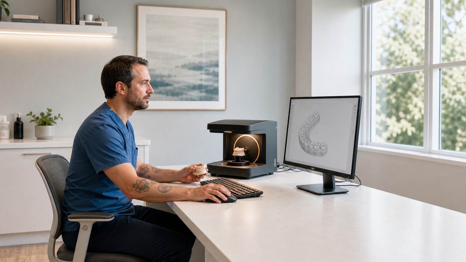 Dental technician reviewing a digital scan for ArtyCad digital case upload