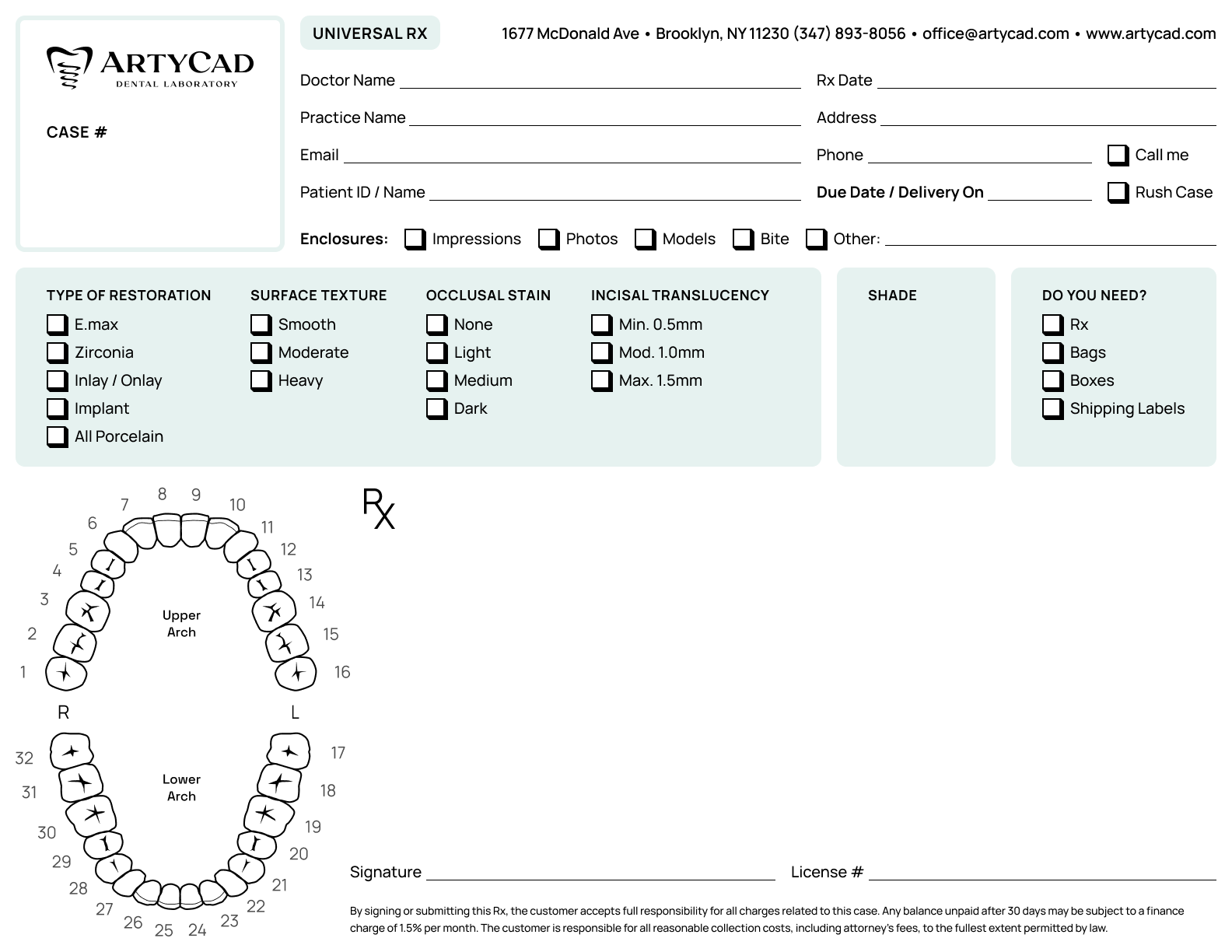 ArtyCad Universal RX prescription form preview